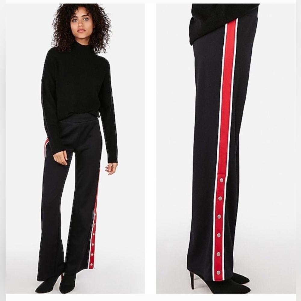Express Wide Leg Side Stripe Snap Pants Black Red White Trim Size L